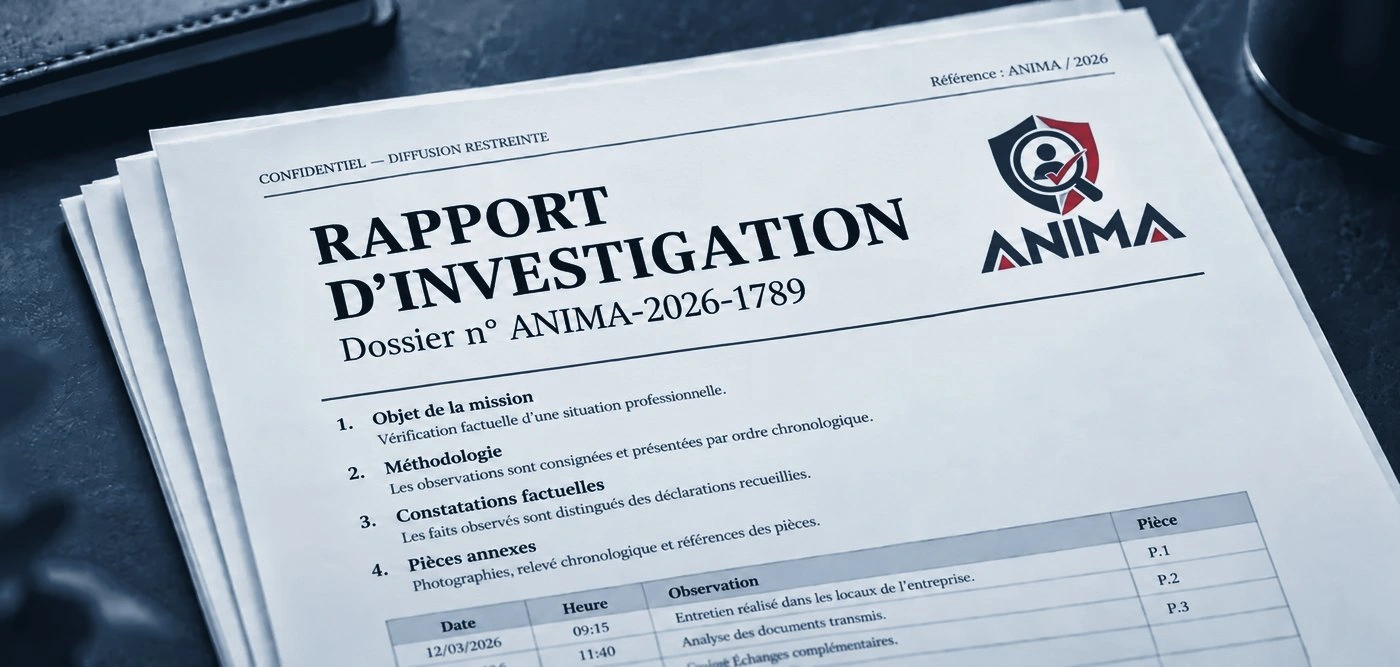 Rapport d’investigation ANIMA organisé autour de la mission et des constatations factuelles.